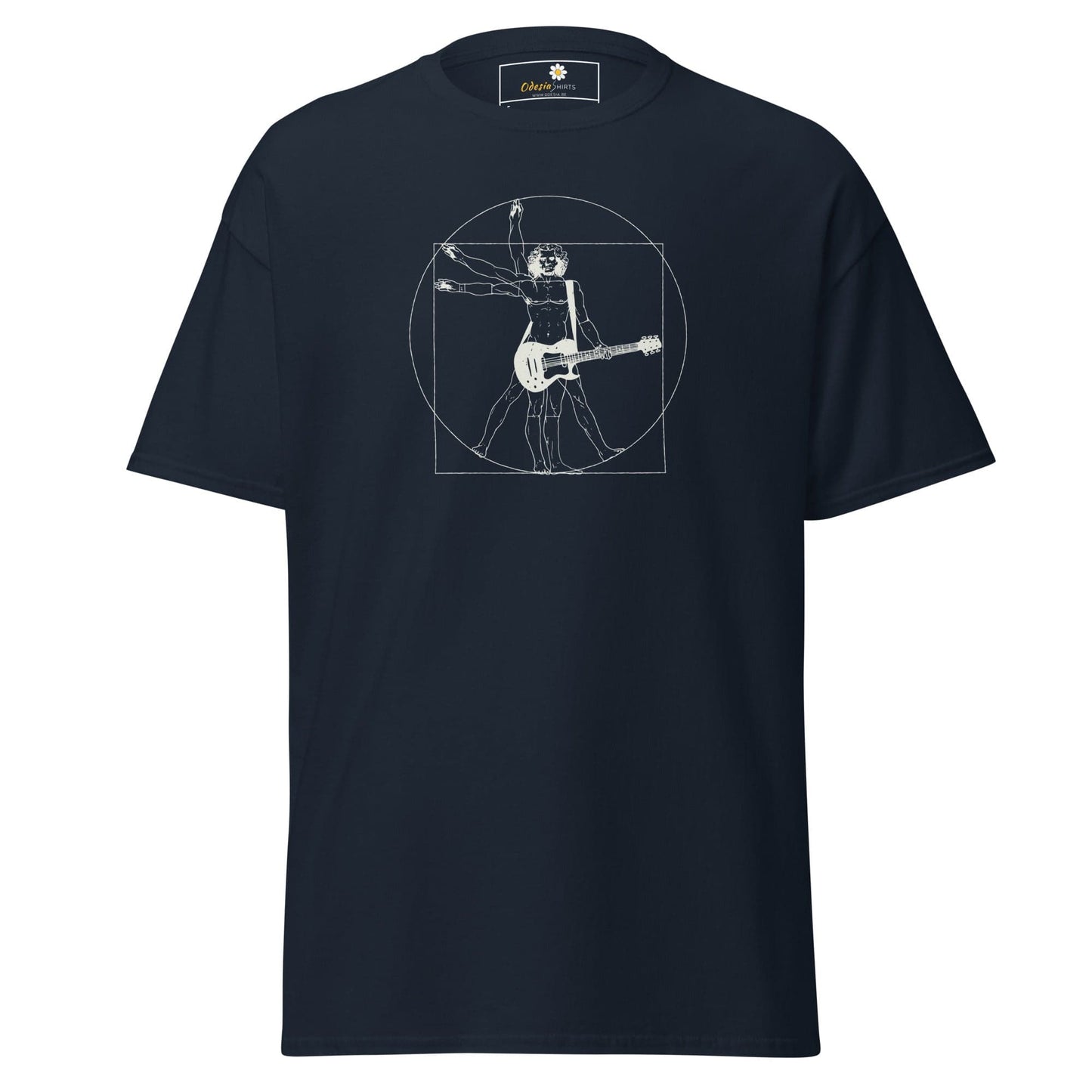 Navy blue T-shirt featuring Vitruvian Man guitar player design for Men and Women sizes S to XL