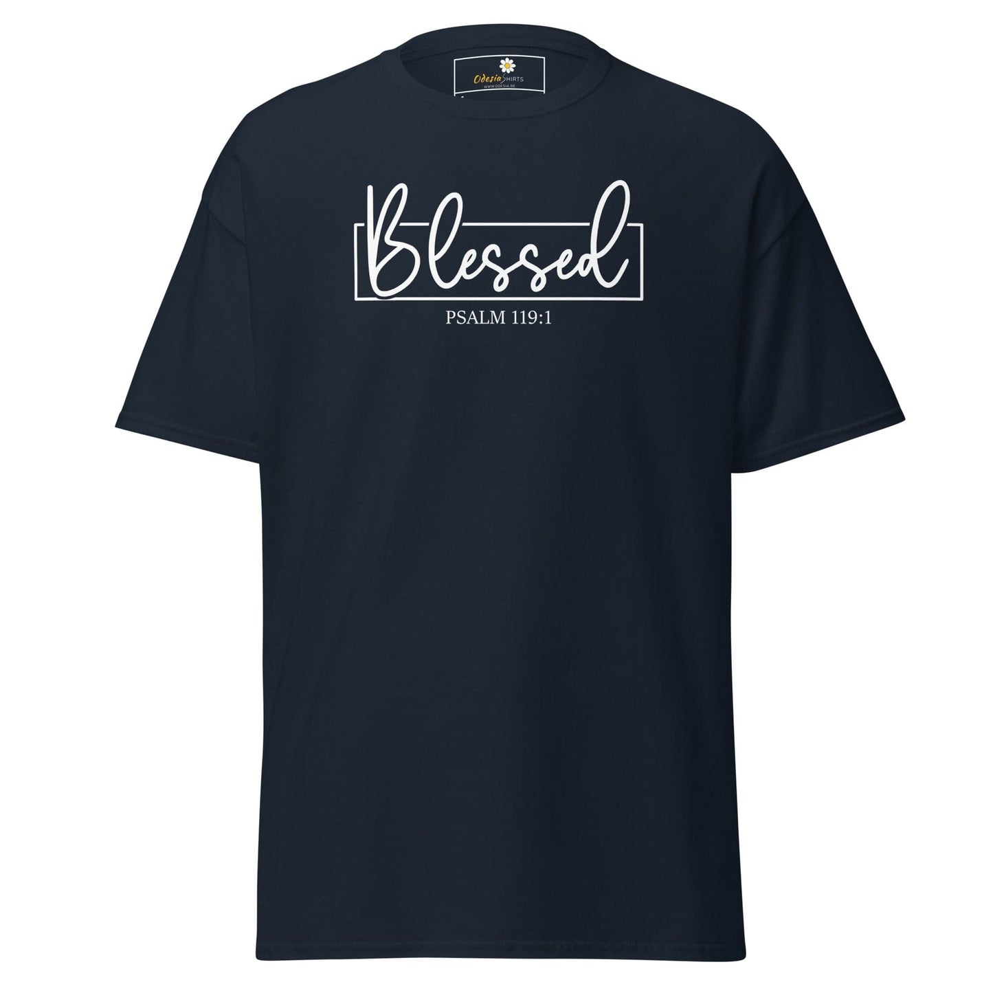 Navy blue T-shirt with Blessed graphic for men and women in sizes S to XL