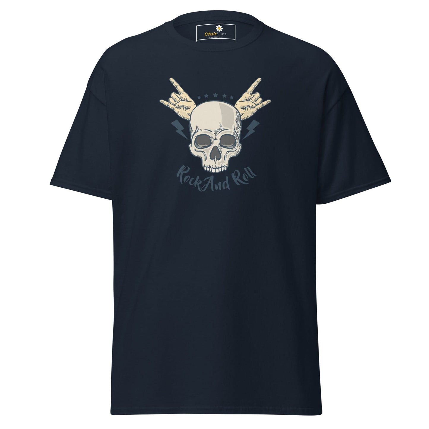 Navy blue T-Shirt with rock and roll skull graphic for men and women in sizes S to XL