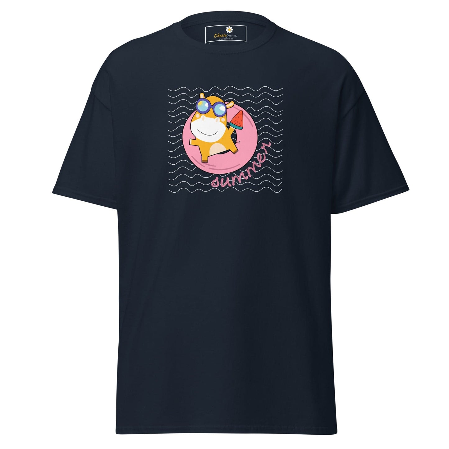 Navy blue T-shirt with cartoon graphic for men and women in sizes S to XL