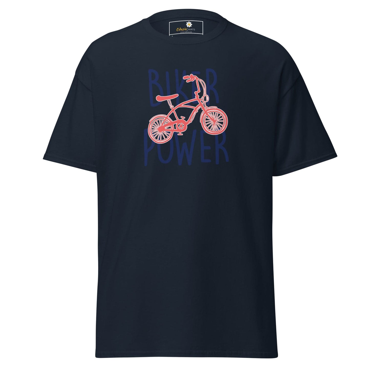 Navy blue T-shirt featuring a bicycle graphic, suitable for men and women, available in sizes S to XL