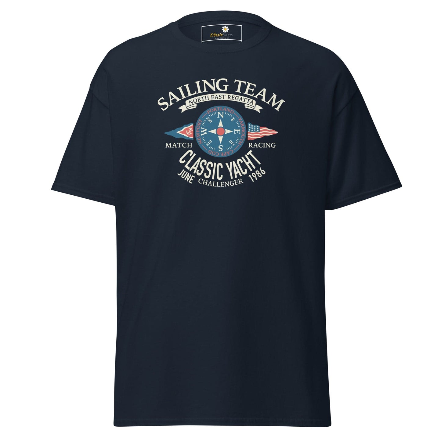 Navy blue t-shirt with sailing team graphic available in S to XL sizes for men and women