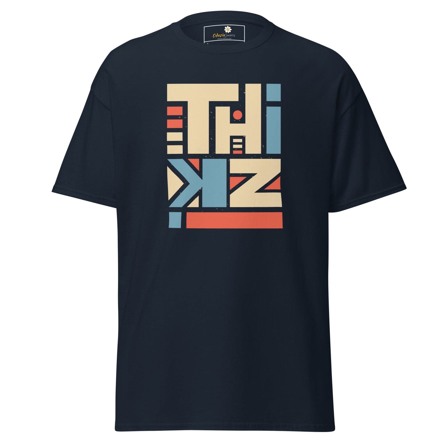 Dark blue T-shirt with THINK graphic for men and women available in sizes S to XL