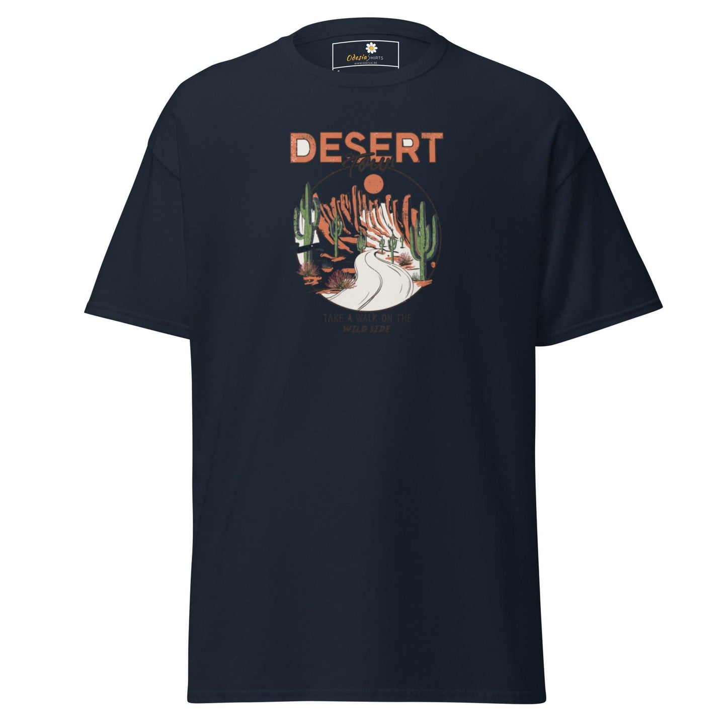 Navy blue T-shirt with desert graphic for men and women size S to XL