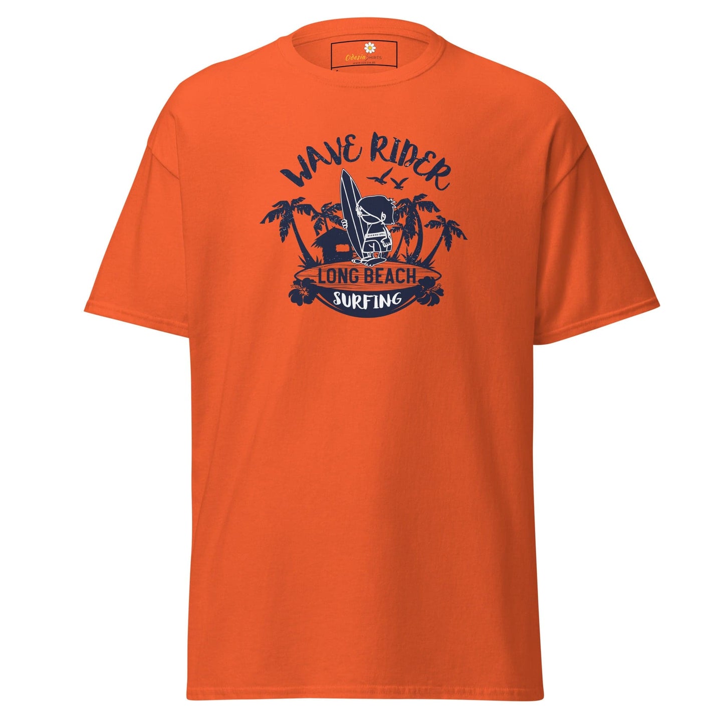 Orange T-shirt with surfing graphic displayed in T-SHIRT DESIGN TEE for Men and Women