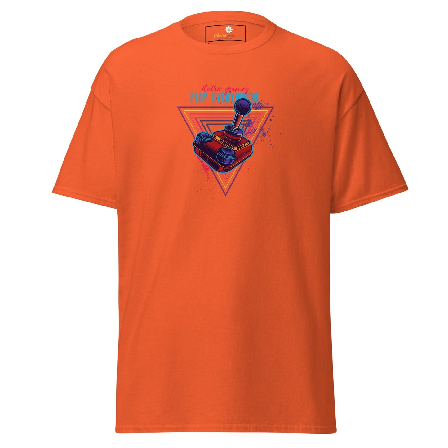 Orange T-shirt with retro gaming joystick design for men and women in sizes S to XL