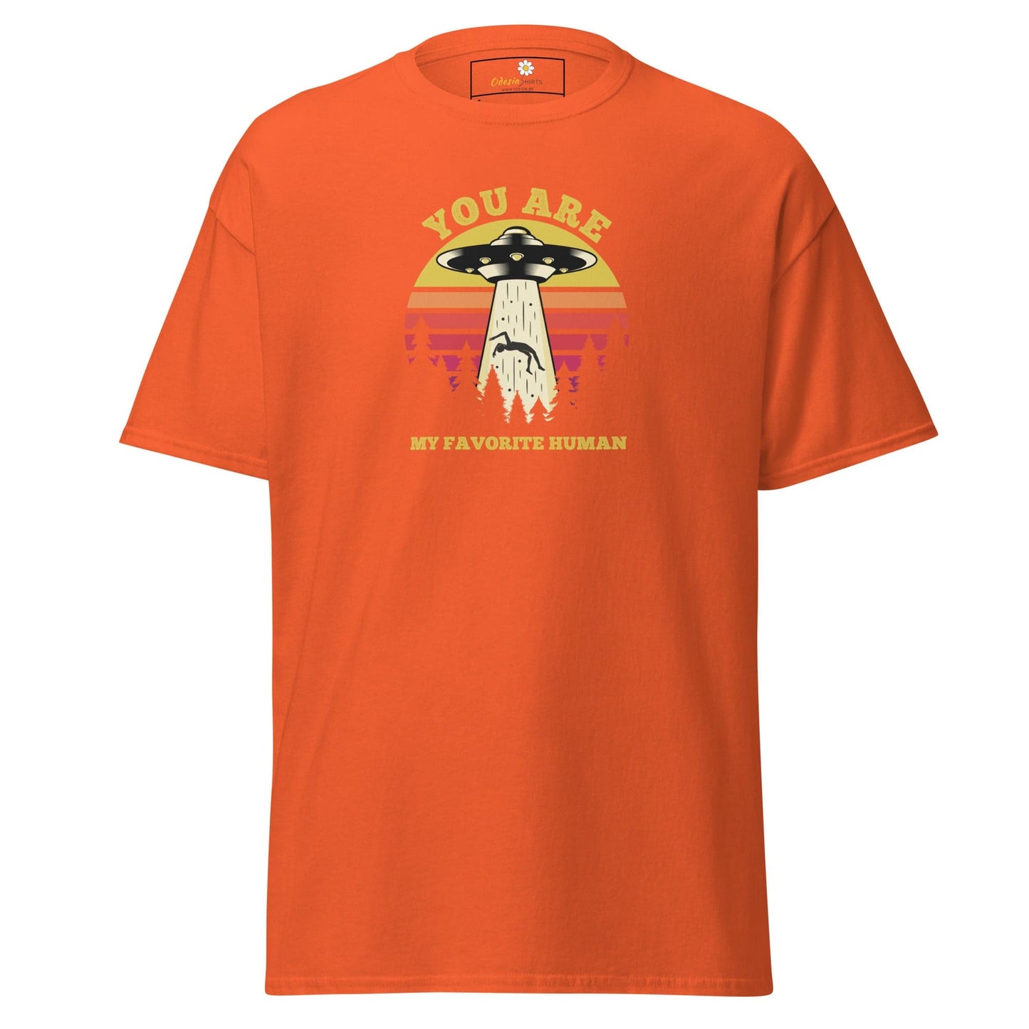 Orange T-shirt with alien abduction graphic for men and women, available in sizes S to XL