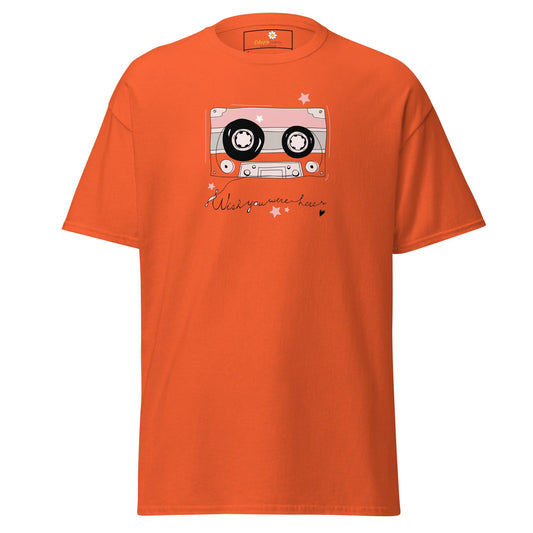 Orange T-shirt with cassette tape design for men and women in sizes S to XL
