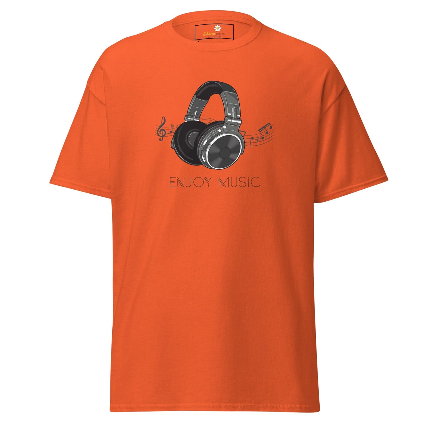 Orange T-shirt with headphone graphic for men and women in sizes S to XL