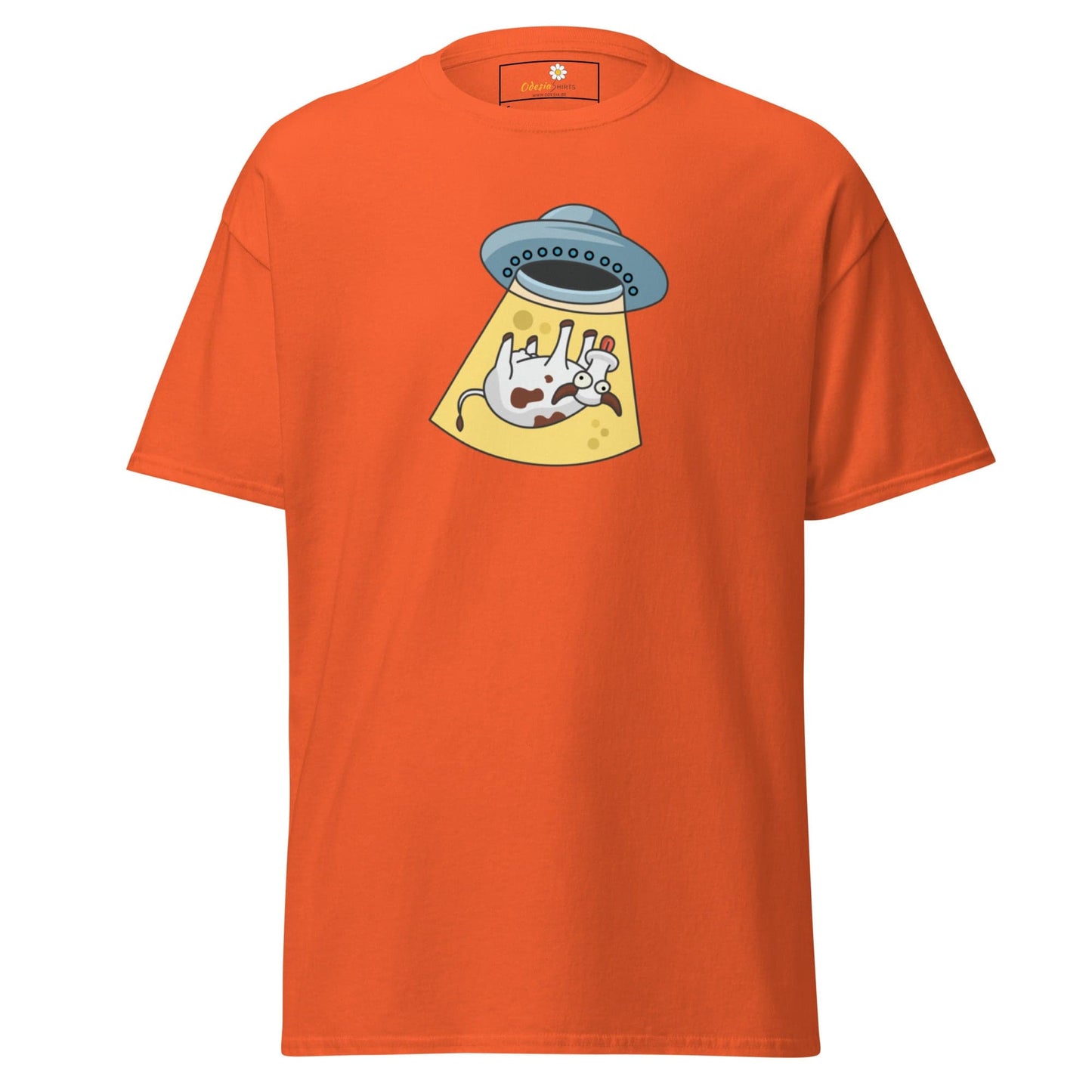 Orange T-shirt with alien abduction graphic, ideal for men and women S to XL