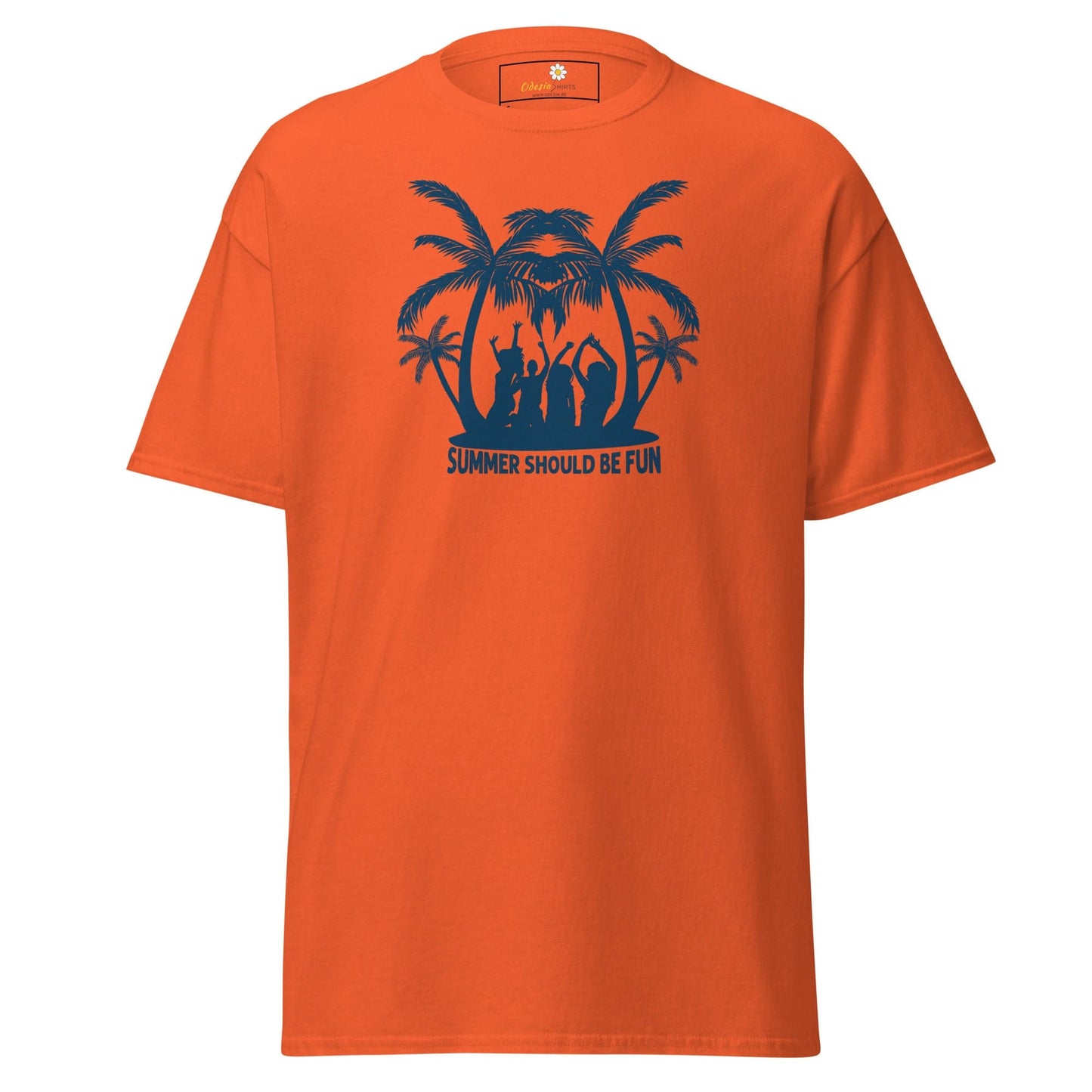 Orange T-shirt with palm tree graphic for men and women in sizes S to XL