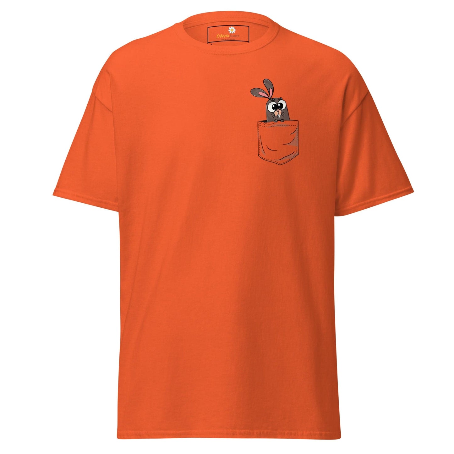 Orange T-shirt with cartoon bunny pocket design for men and women in sizes S to XL