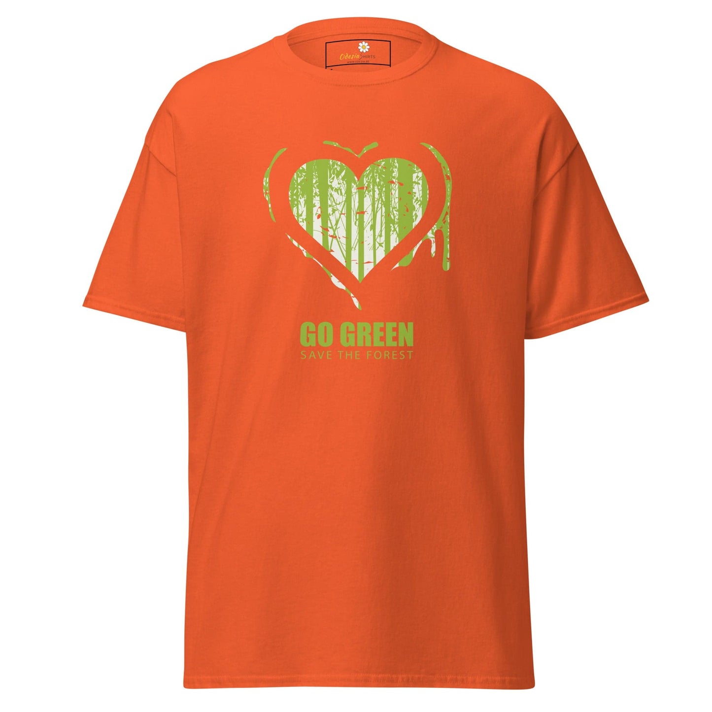 Orange T-shirt for Men and Women with green heart and tree design in S to XL sizes