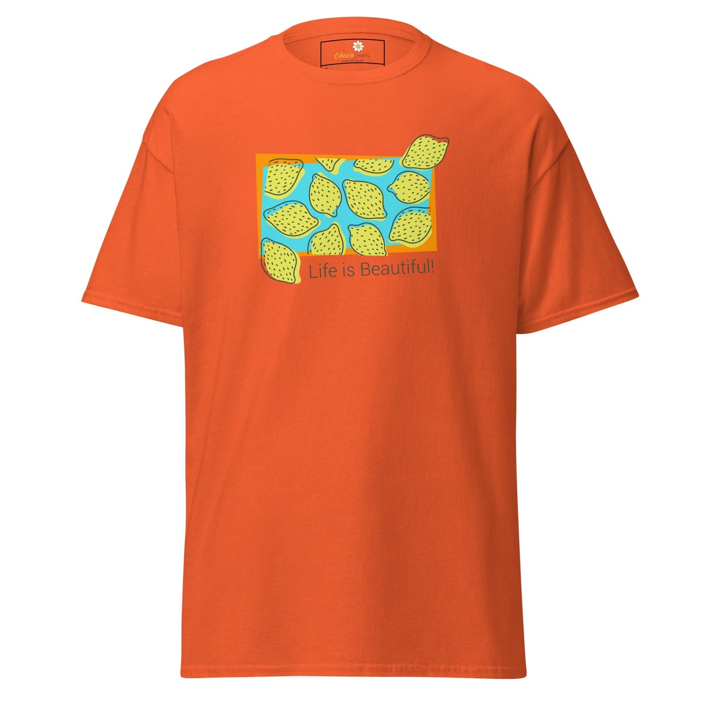 Orange T-shirt with lemon graphic from T-SHIRT DESIGN TEE for Man and Woman, available in sizes S to XL