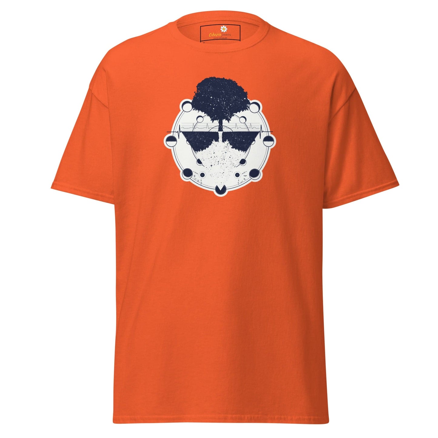 Orange T-shirt with tree and moon phases design for men and women in sizes S to XL