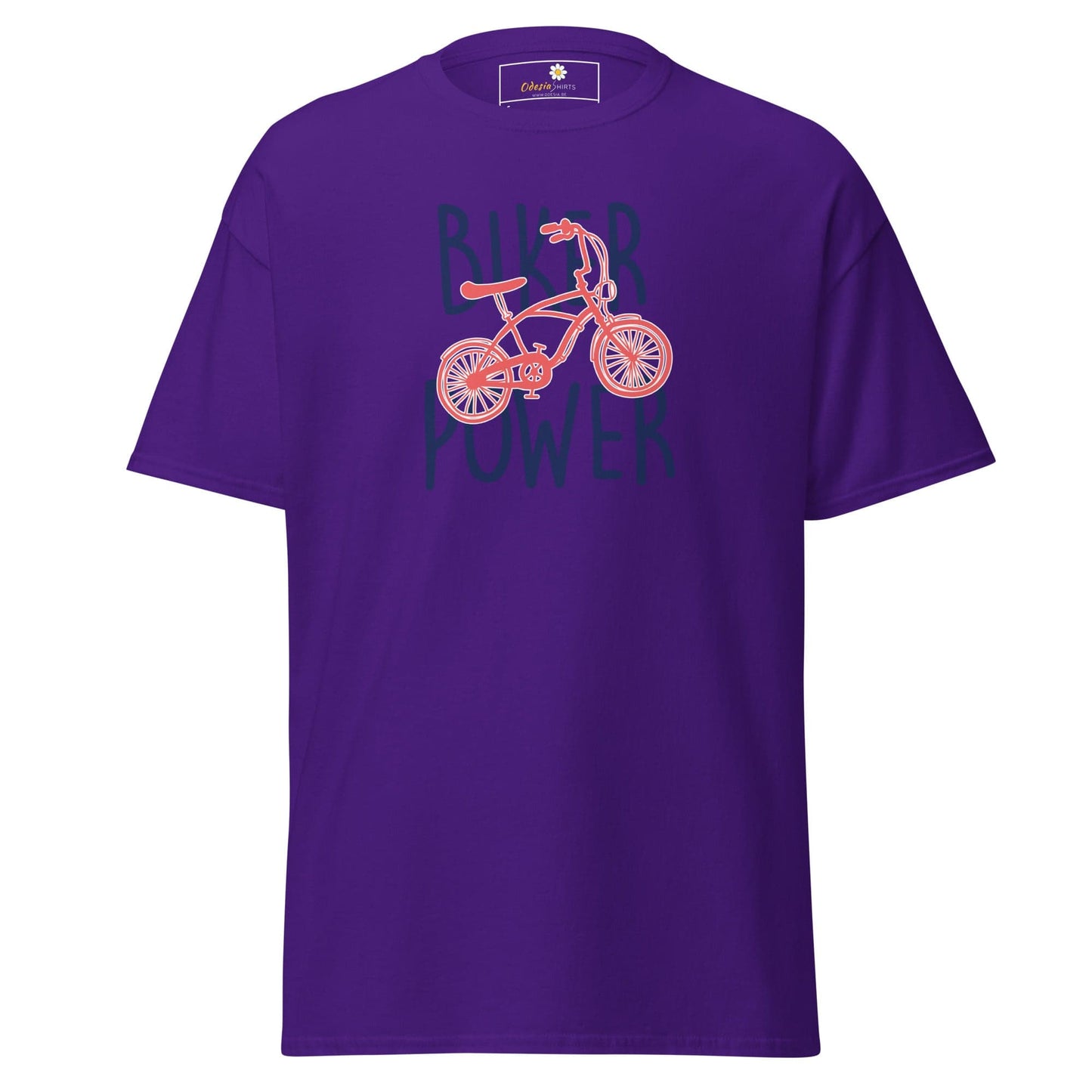 Purple T-shirt with bicycle graphic for men and women in sizes S to XL