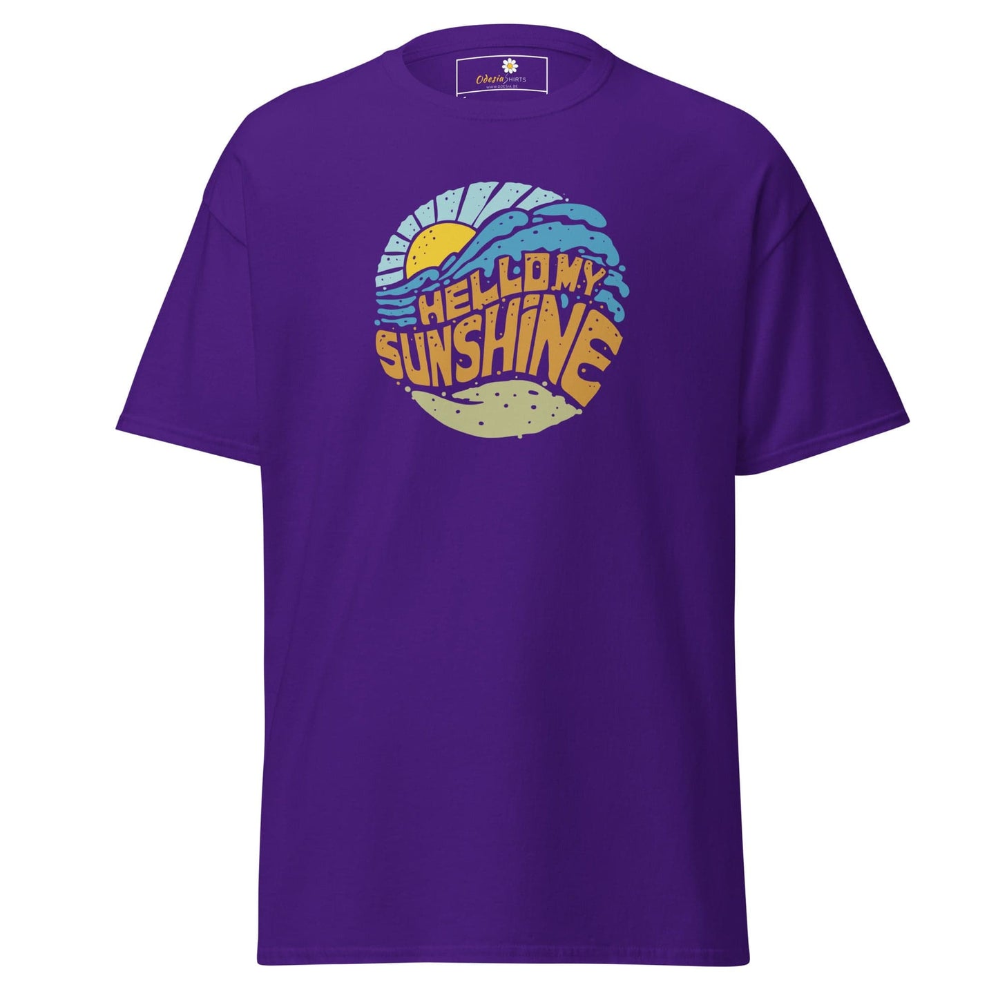 Purple T-shirt with beach graphic for men and women in S to XL sizes