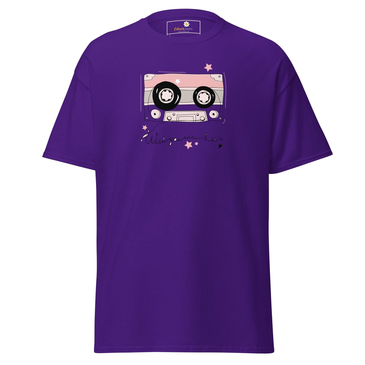 Purple T-shirt with cassette tape graphic, suitable for men and women, S to XL sizes