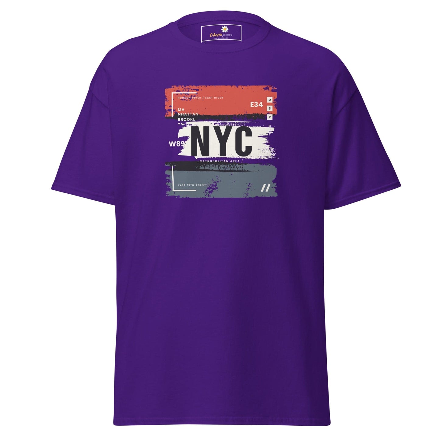Purple NYC graphic tee displayed in men’s and women’s sizes from S to XL