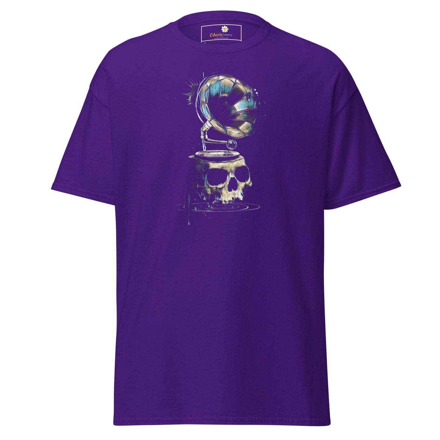 Purple T-shirt featuring a skull and gramophone graphic for men and women sizes S to XL