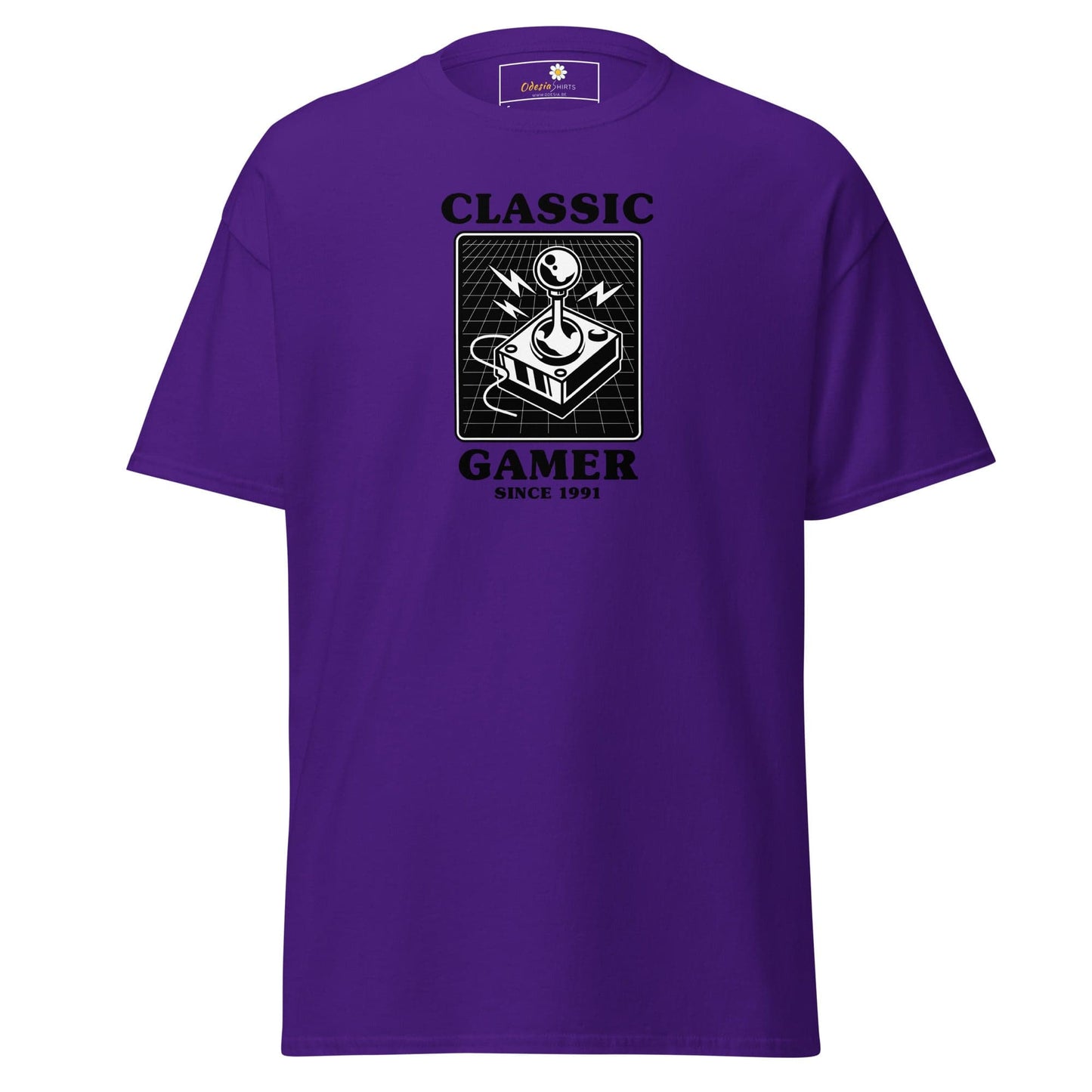 Purple T-shirt with gaming graphic, available in S to XL for men and women