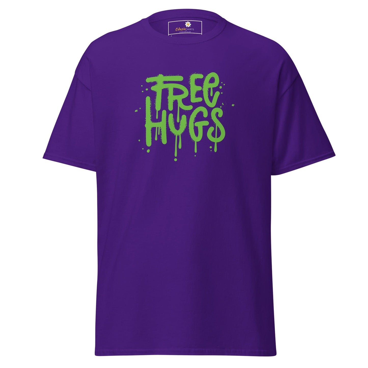 Purple T-Shirt with Green Free Hugs Graphic for Men and Women in Sizes S to XL