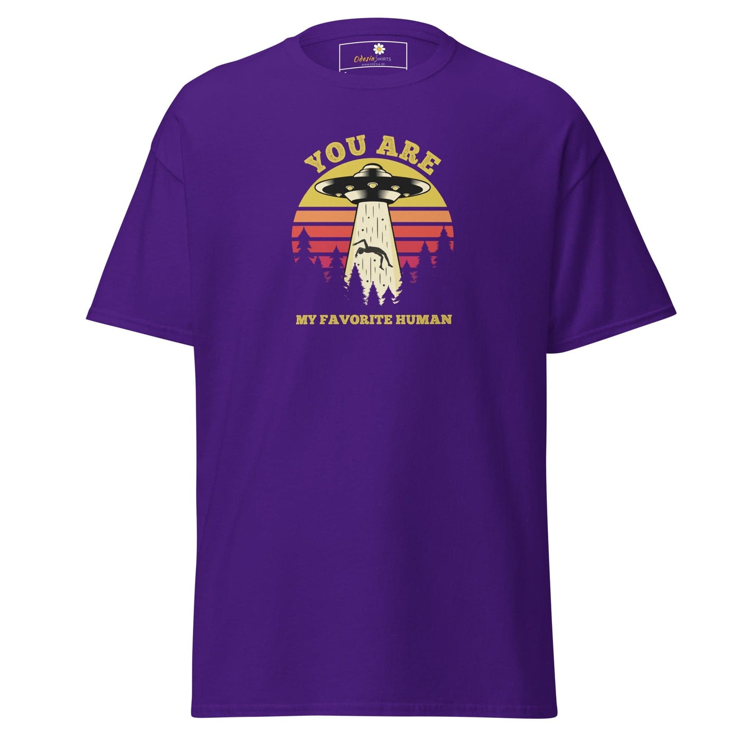 Purple T-shirt with alien abduction graphic for men and women, available in sizes S to XL