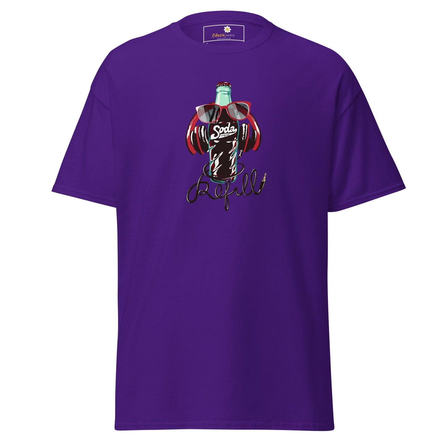 Purple T-shirt with soda bottle graphic, suitable for men and women sizes S to XL