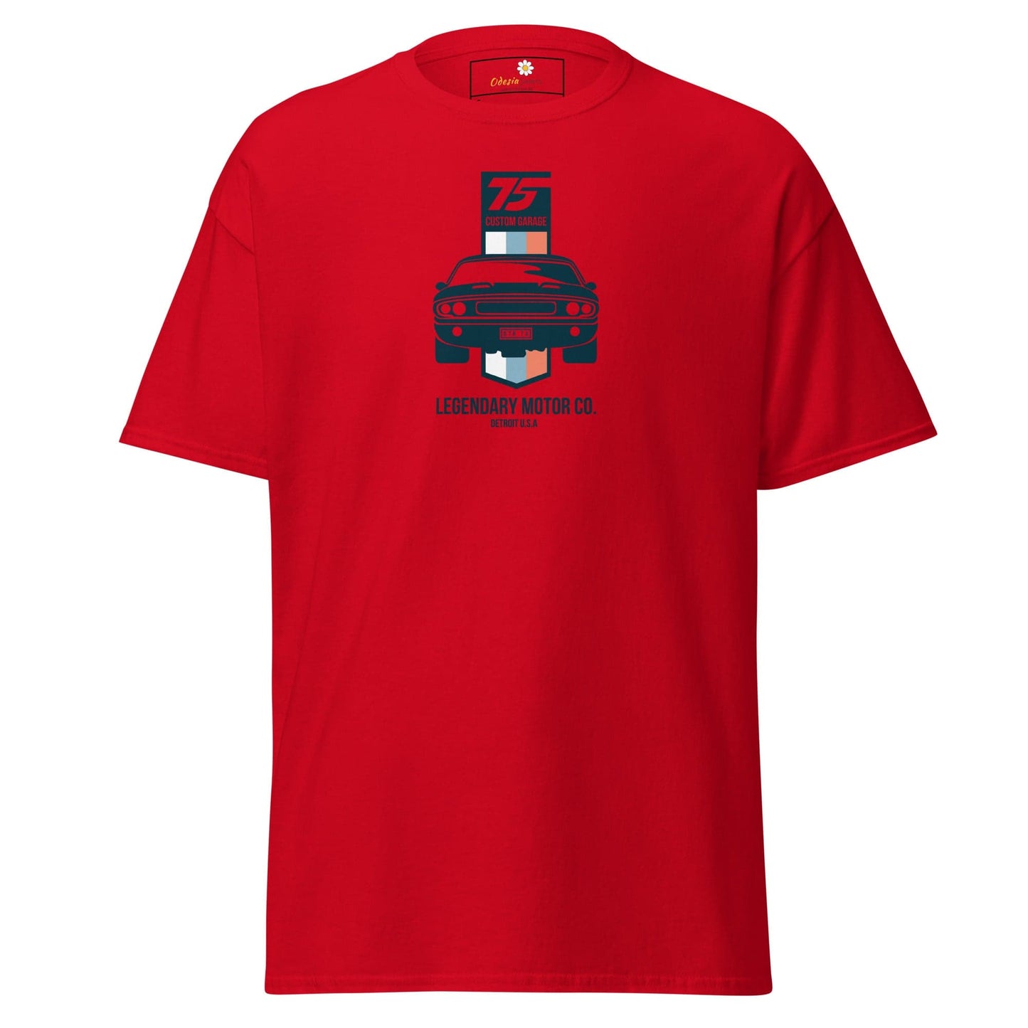 Red T-shirt with car graphic from T-SHIRT DESIGN TEE for men and women, sizes S to XL
