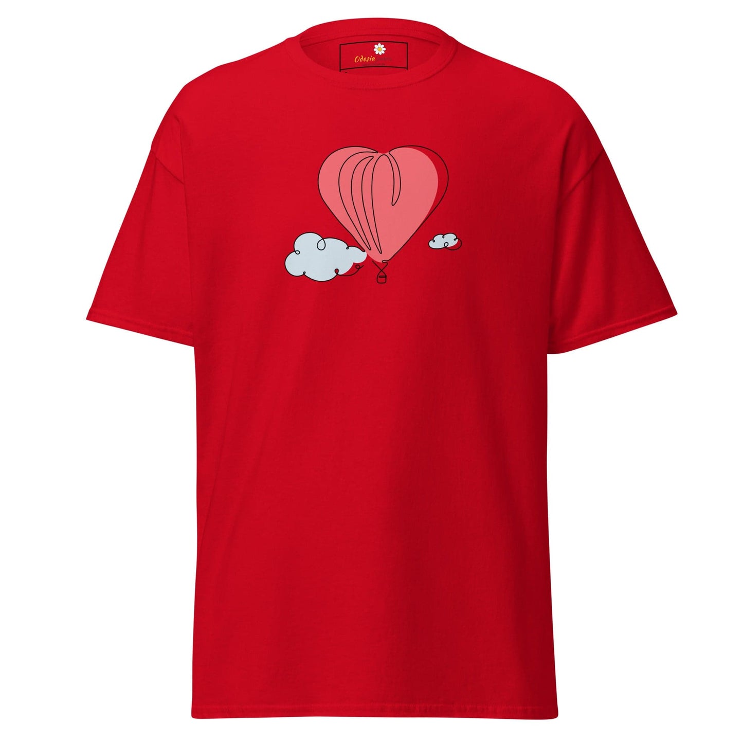Red T-shirt with heart balloon graphic for men and women available in sizes S to XL