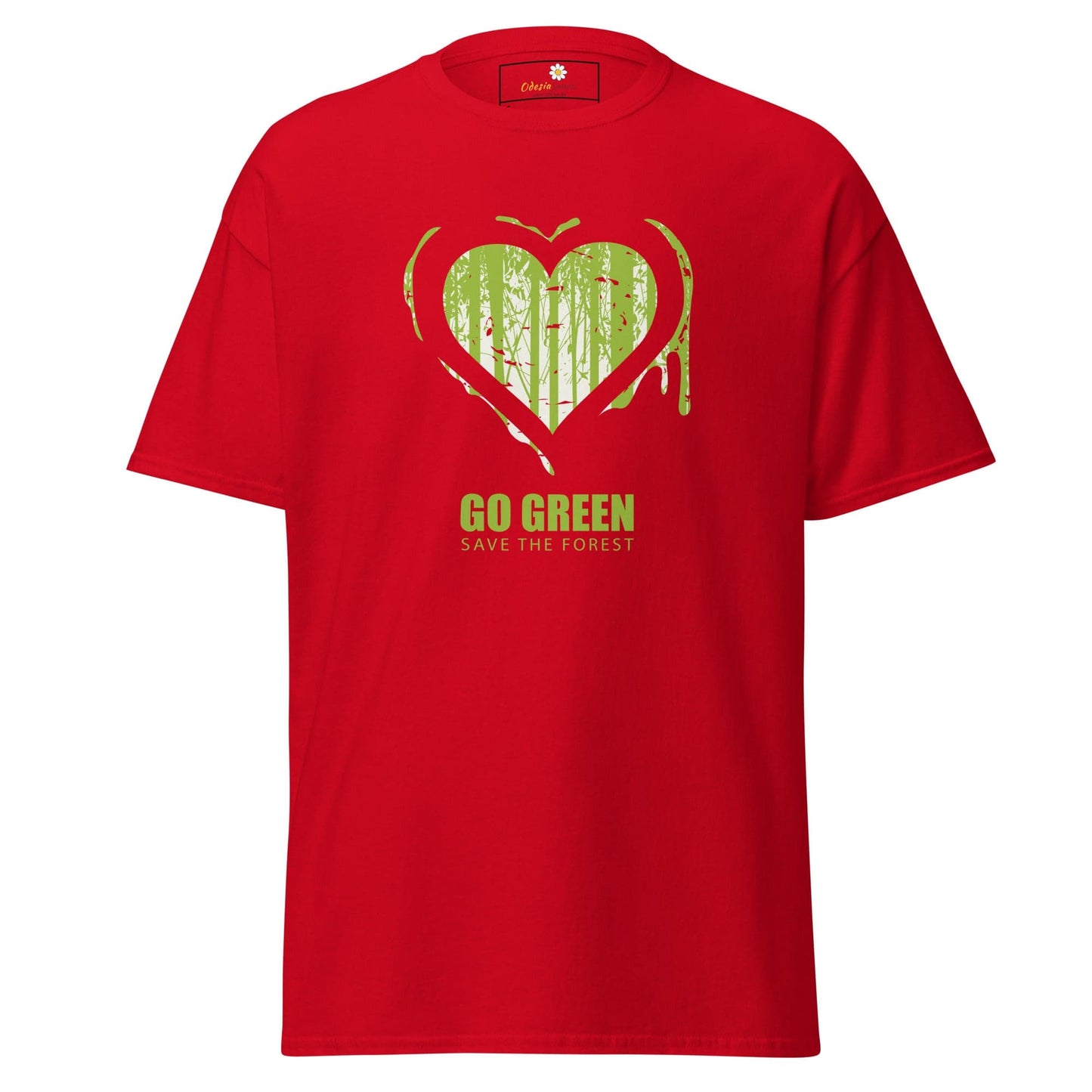 Red t-shirt with heart-shaped forest graphic for men and women in sizes S to XL