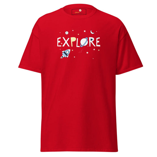 Red T-shirt with space-themed graphic from T-SHIRT DESIGN TEE collection for men and women