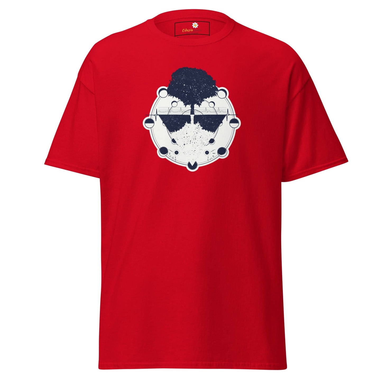 Red T-shirt with tree and moon phases graphic, suitable for men and women, size S to XL