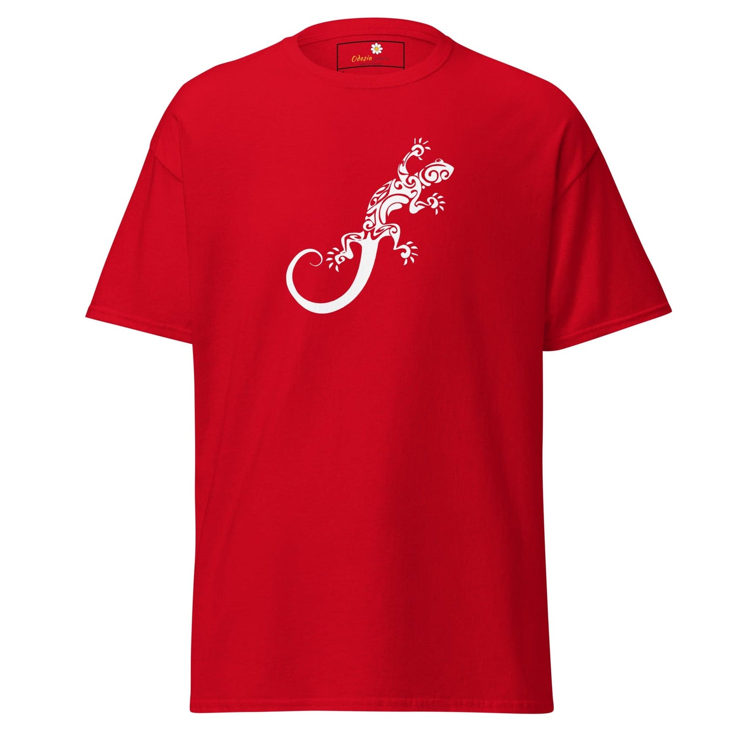 Red T-shirt with white lizard design for men and women available in sizes S to XL