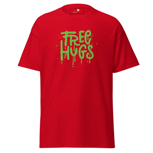 Red T-shirt with green Free Hugs graphic, available in S to XL for men and women
