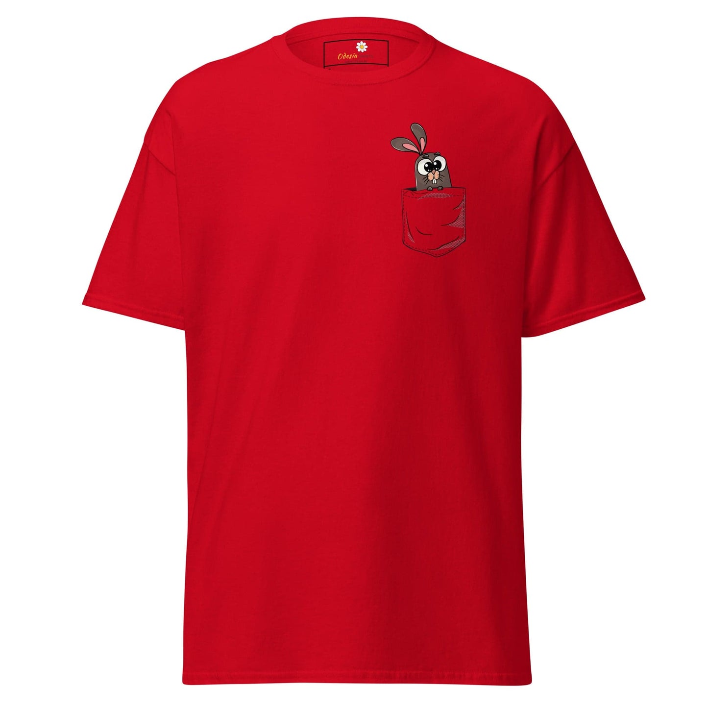Red T-shirt with cartoon rabbit in pocket for Men and Women, available in sizes S to XL