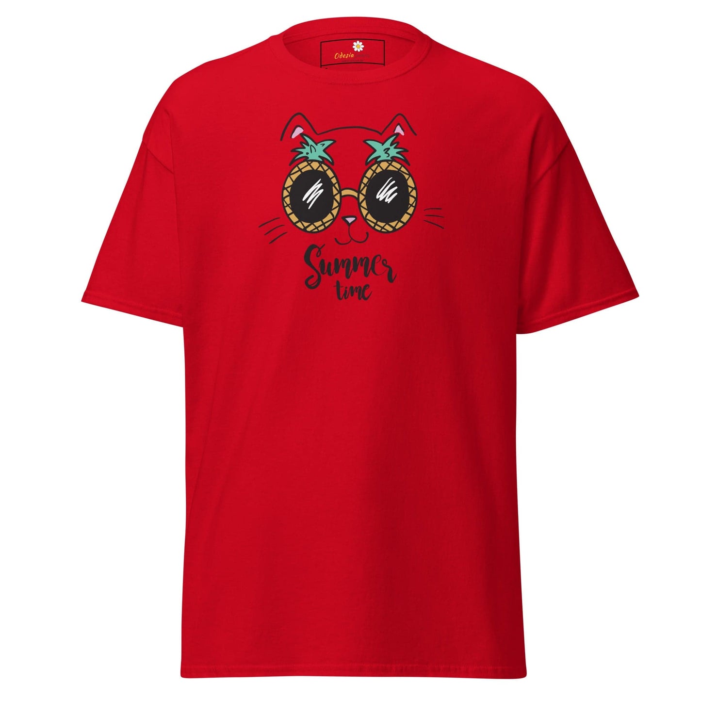 Red t-shirt featuring a cat with pineapple sunglasses, suitable for men and women sizes S to XL