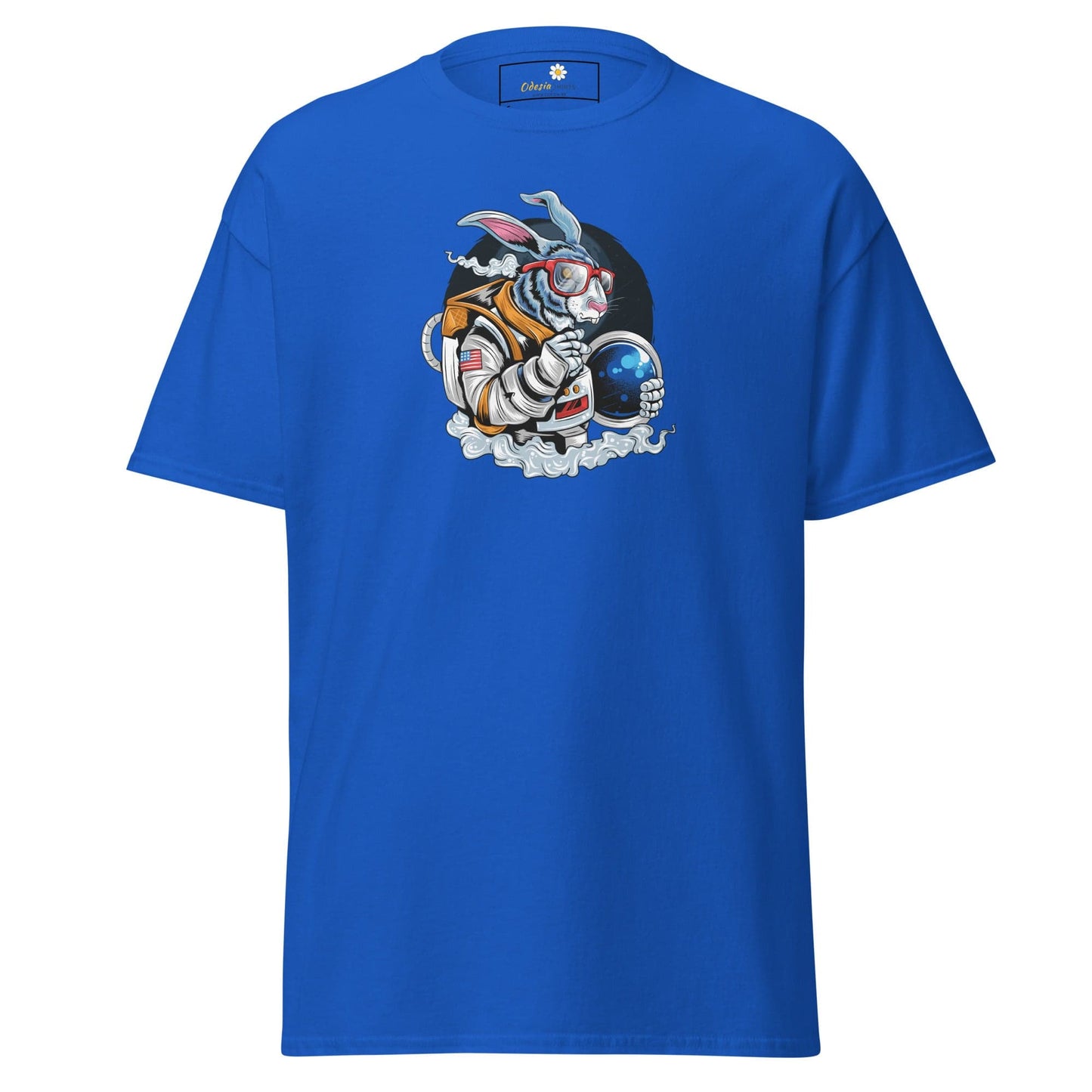 Blue T-shirt with rabbit astronaut graphic from T-SHIRT DESIGN TEE for Men and Women