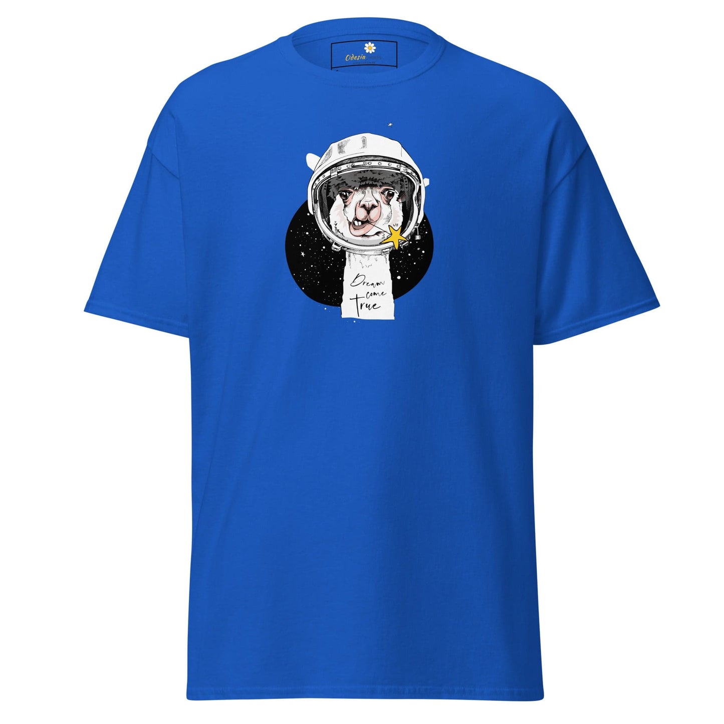 Blue T-shirt with astronaut llama graphic for men and women in size S to XL