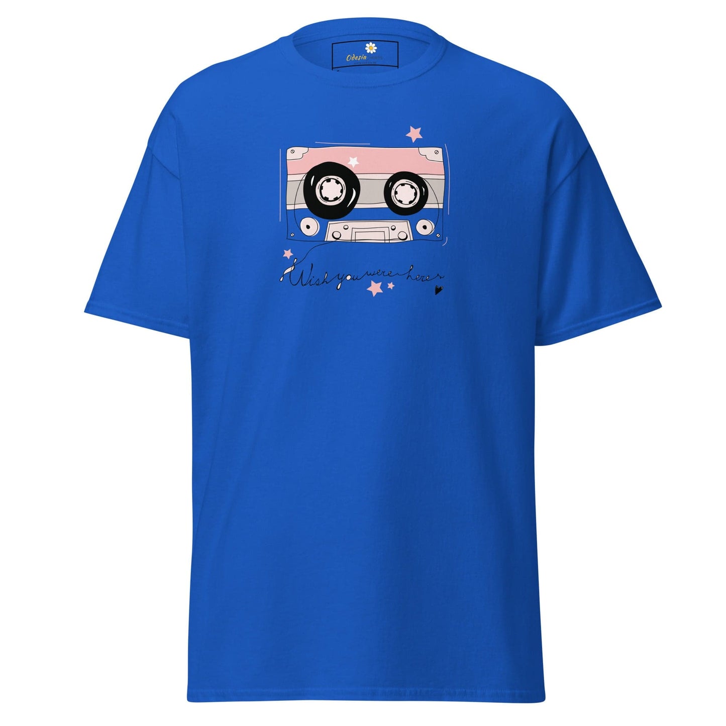 Blue T-shirt with cassette tape design for men and women in sizes S to XL