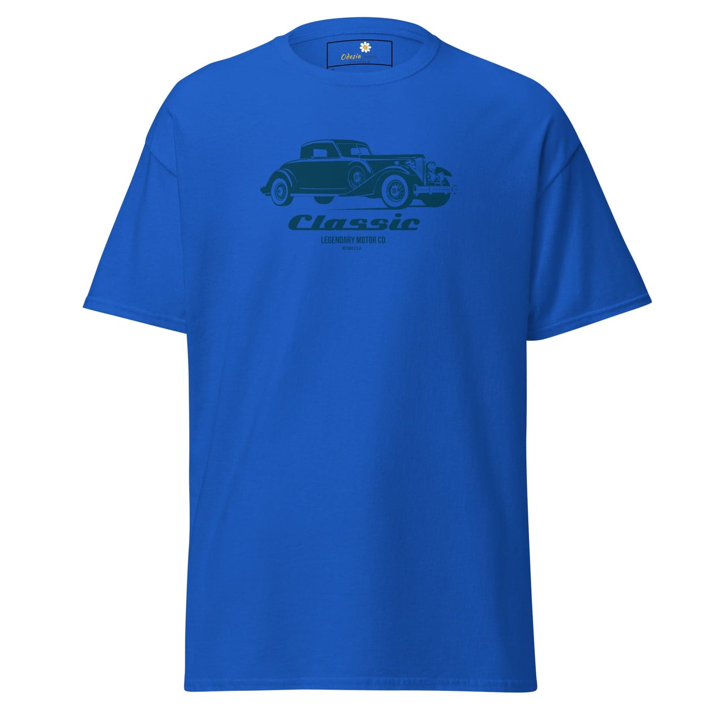 Blue T-shirt with classic car graphic for men and women in sizes S to XL
