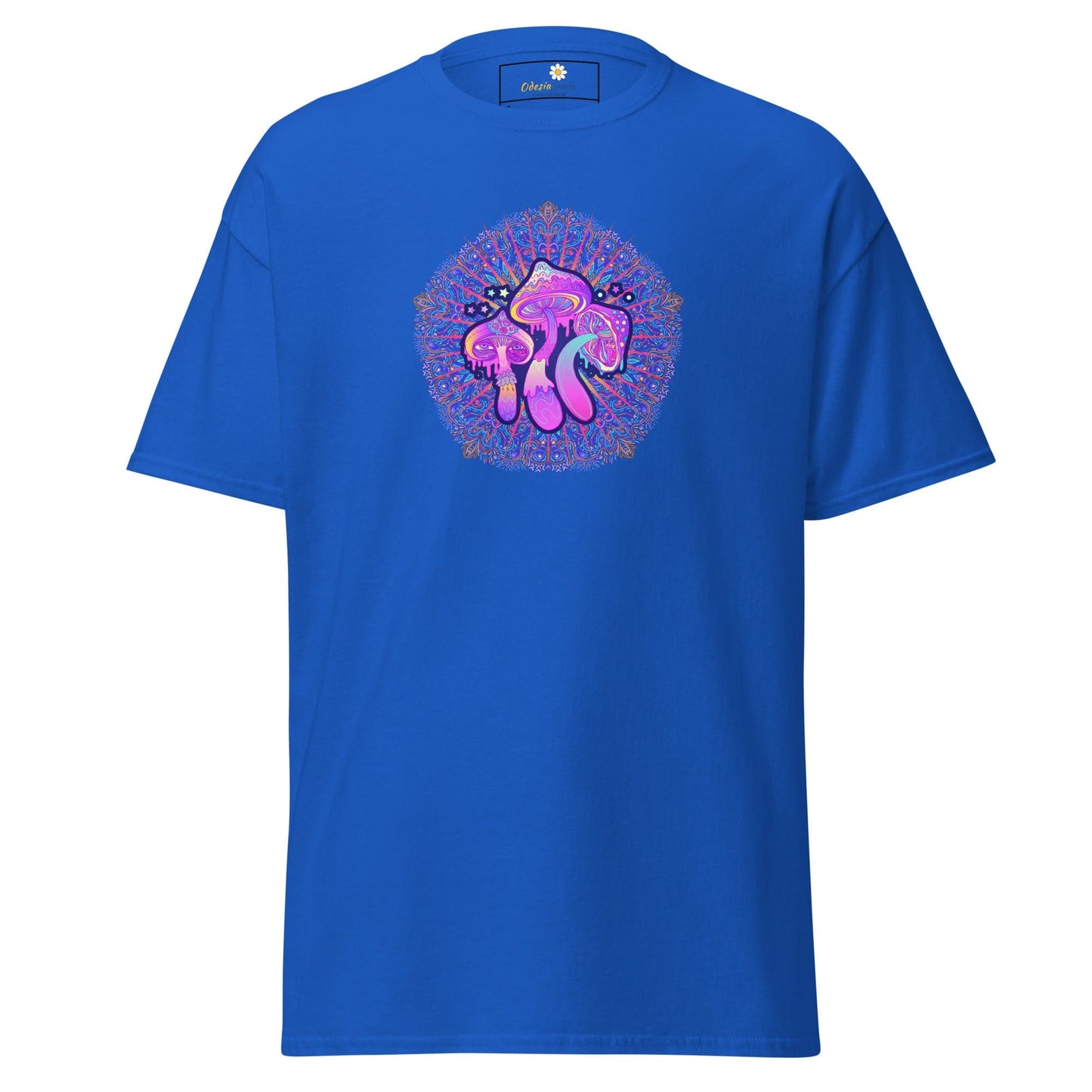 Blue T-shirt with mushroom design for men and women in sizes S to XL
