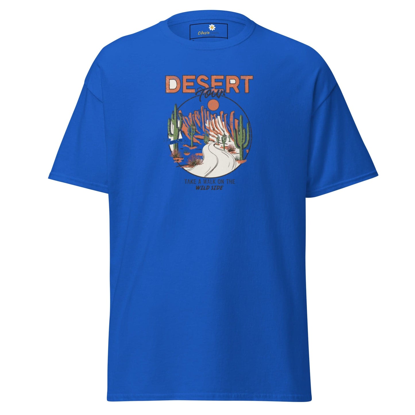 Blue T-shirt with desert graphic from T-SHIRT DESIGN TEE for men and women sizes S to XL