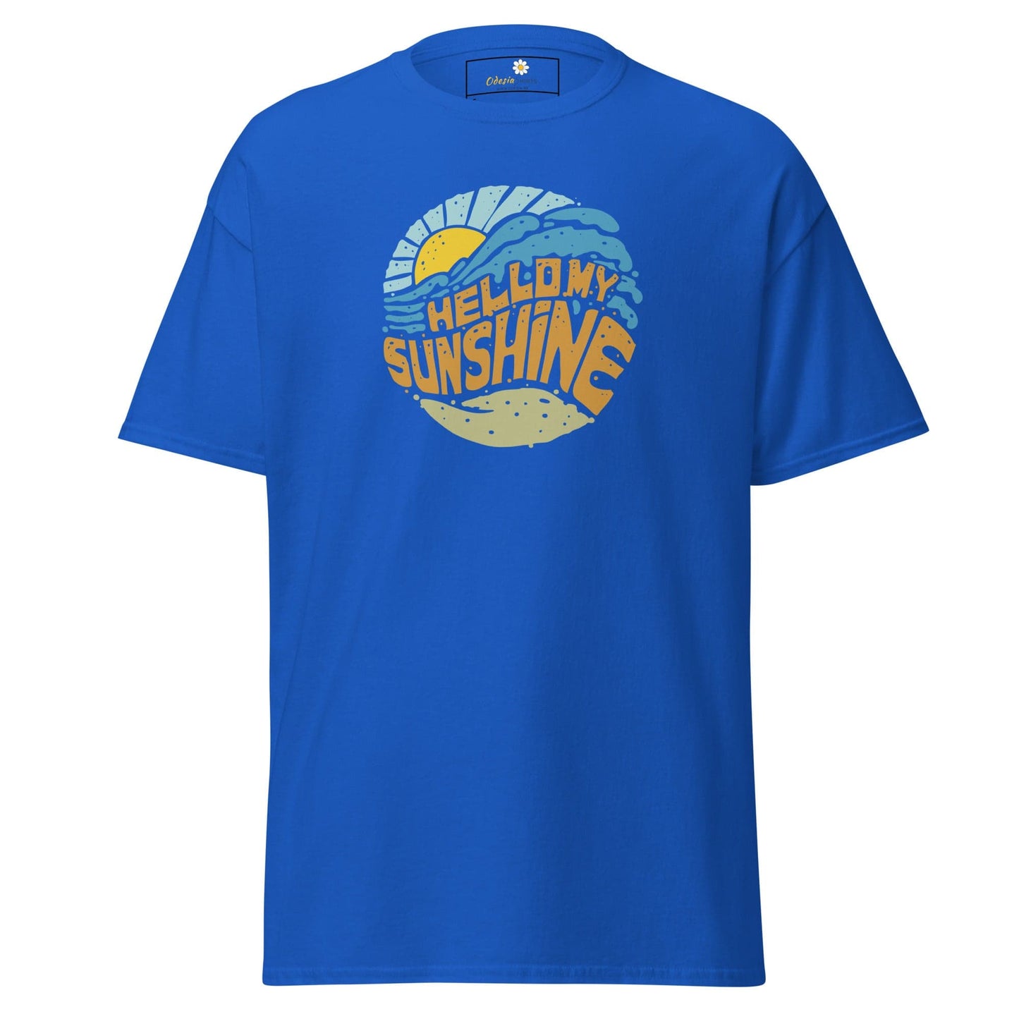Blue T-shirt with beach-themed graphic for men and women in sizes S to XL