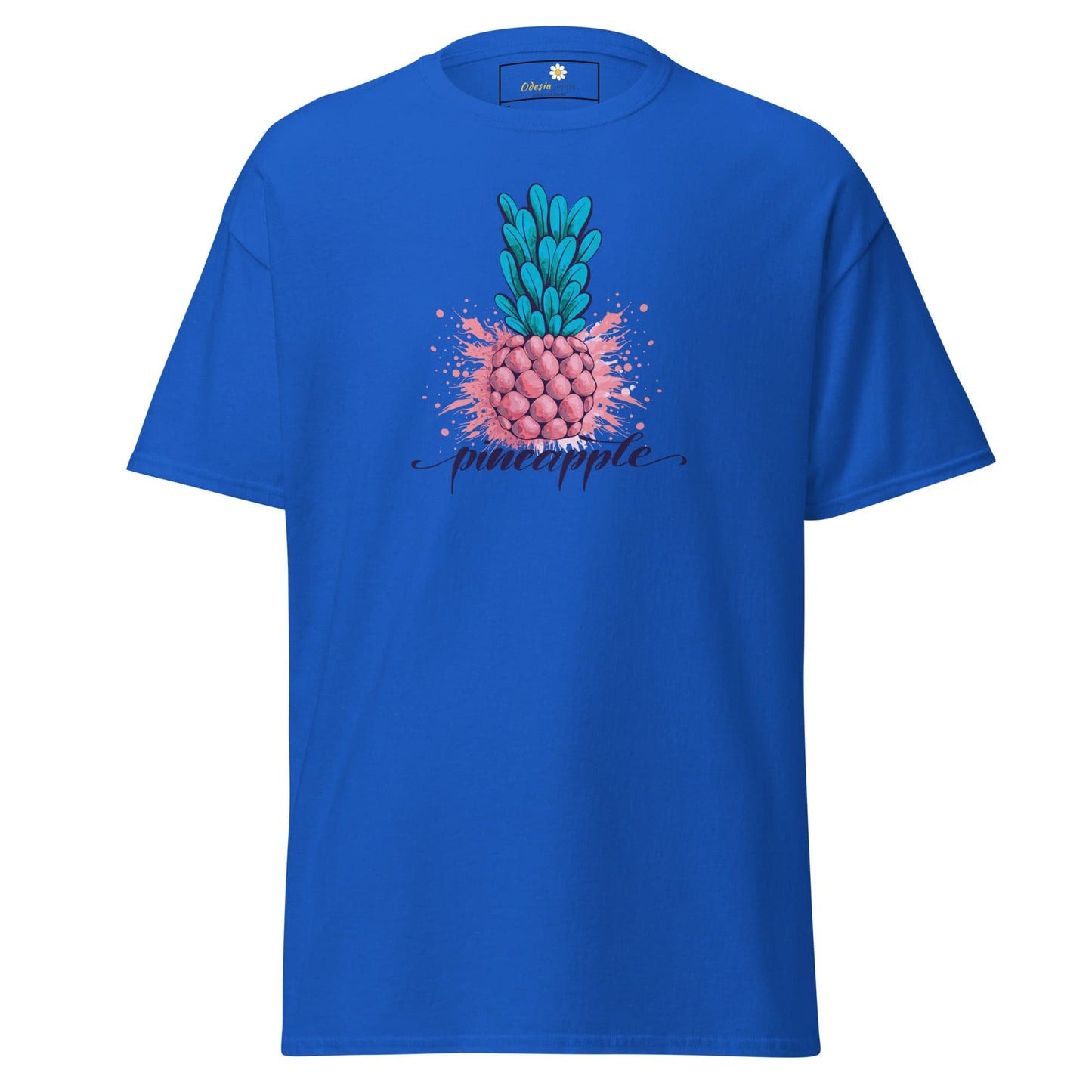 Blue T-shirt featuring a pineapple design available in men’s and women’s sizes S to XL