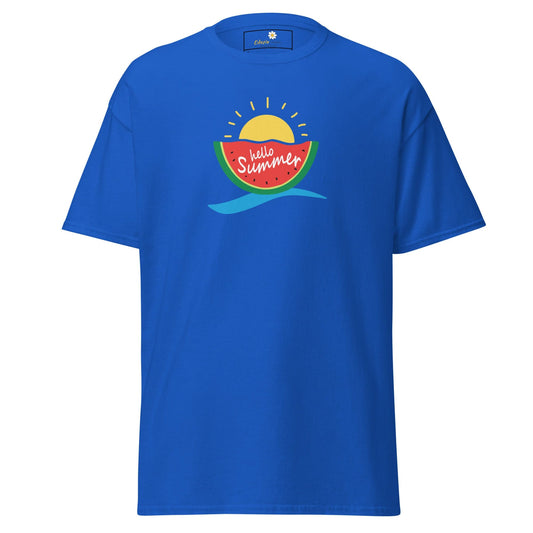 Blue T-shirt with summer graphic for men and women in sizes S to XL