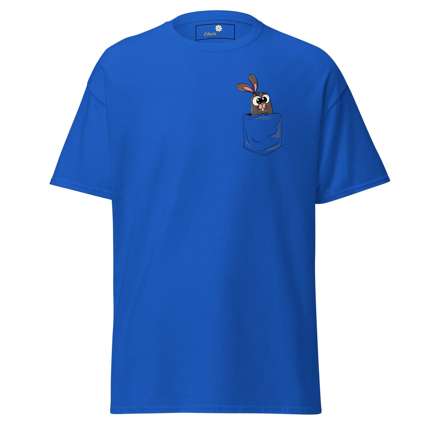 Blue T-Shirt with cartoon bunny pocket for men and women in size S to XL
