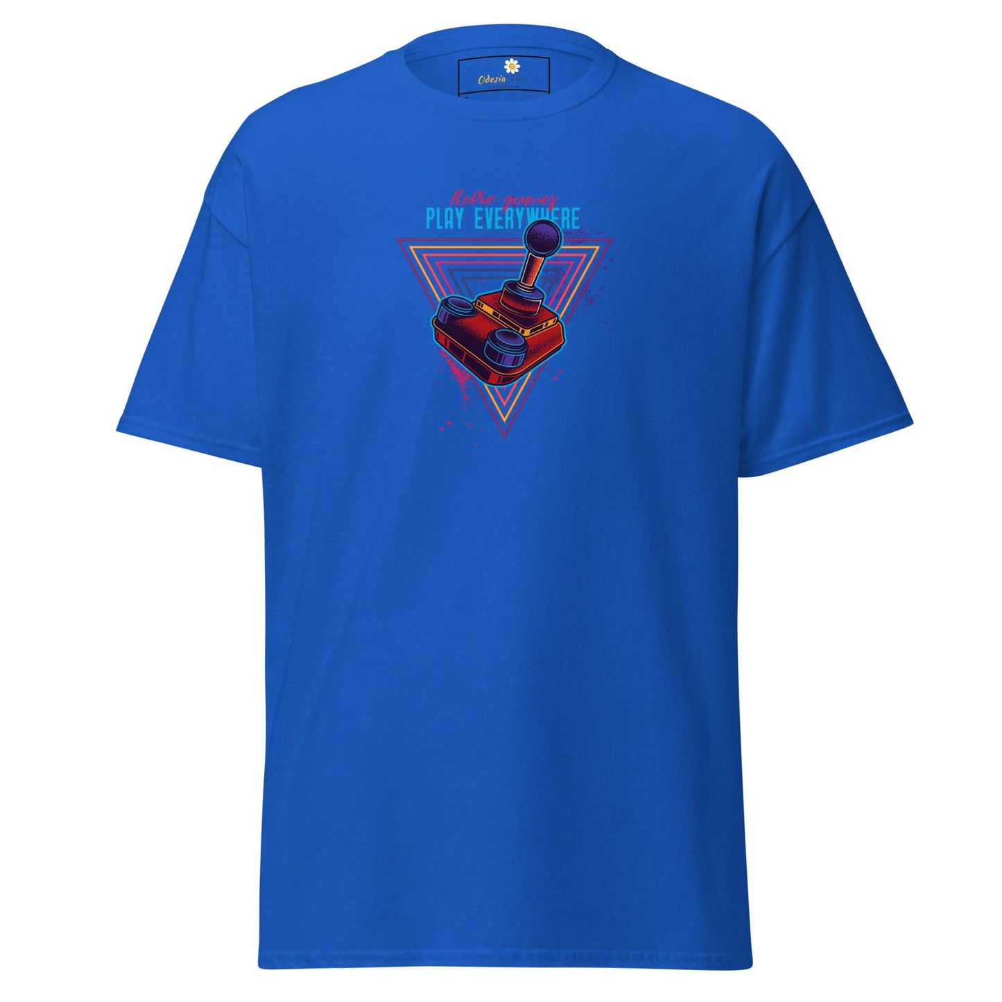 Blue T-shirt with joystick graphic for men and women in sizes S to XL