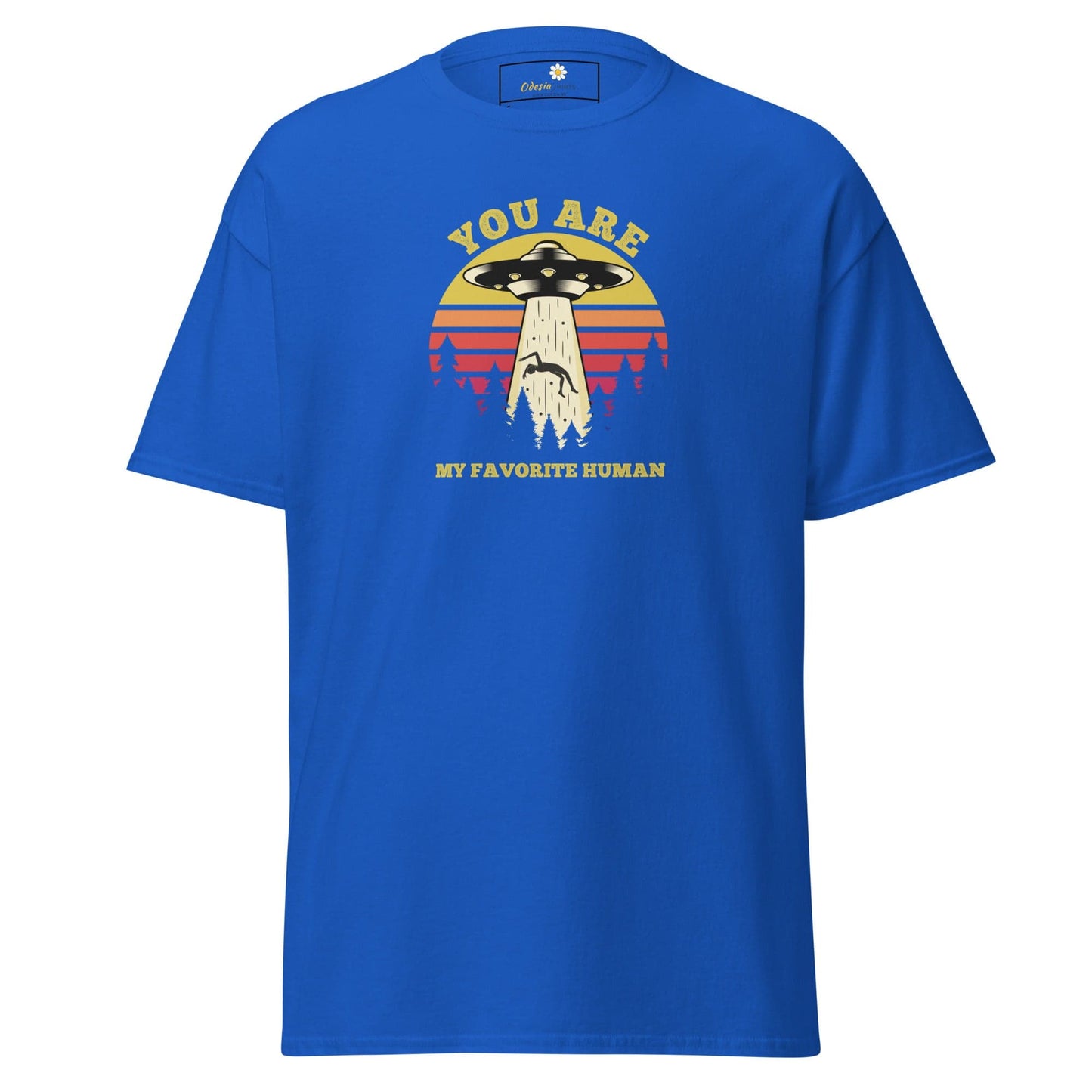 Blue T-shirt with alien abduction graphic for men and women in sizes S to XL