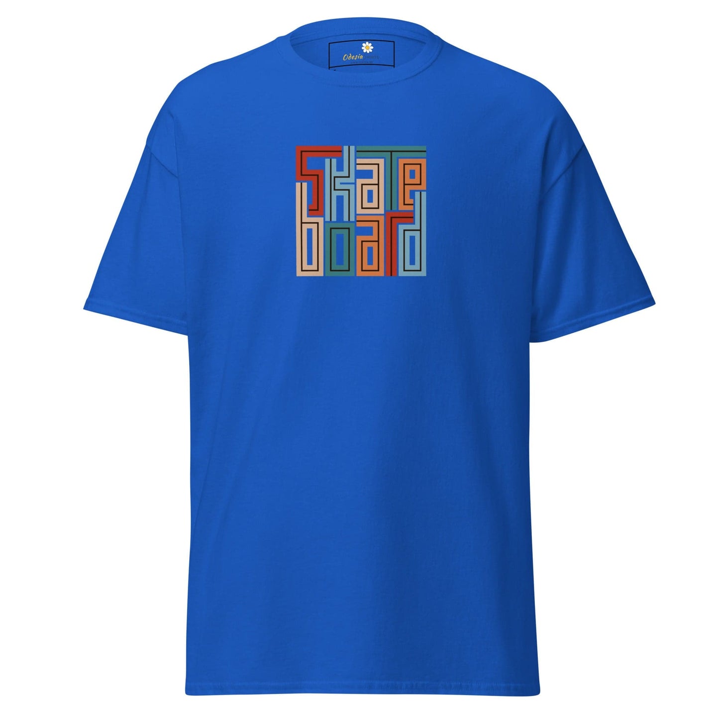 Blue T-shirt with colorful graphic design for men and women in sizes S to XL
